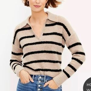 Loft Women's Tan Black Striped Polo Knit Sweater Size Medium